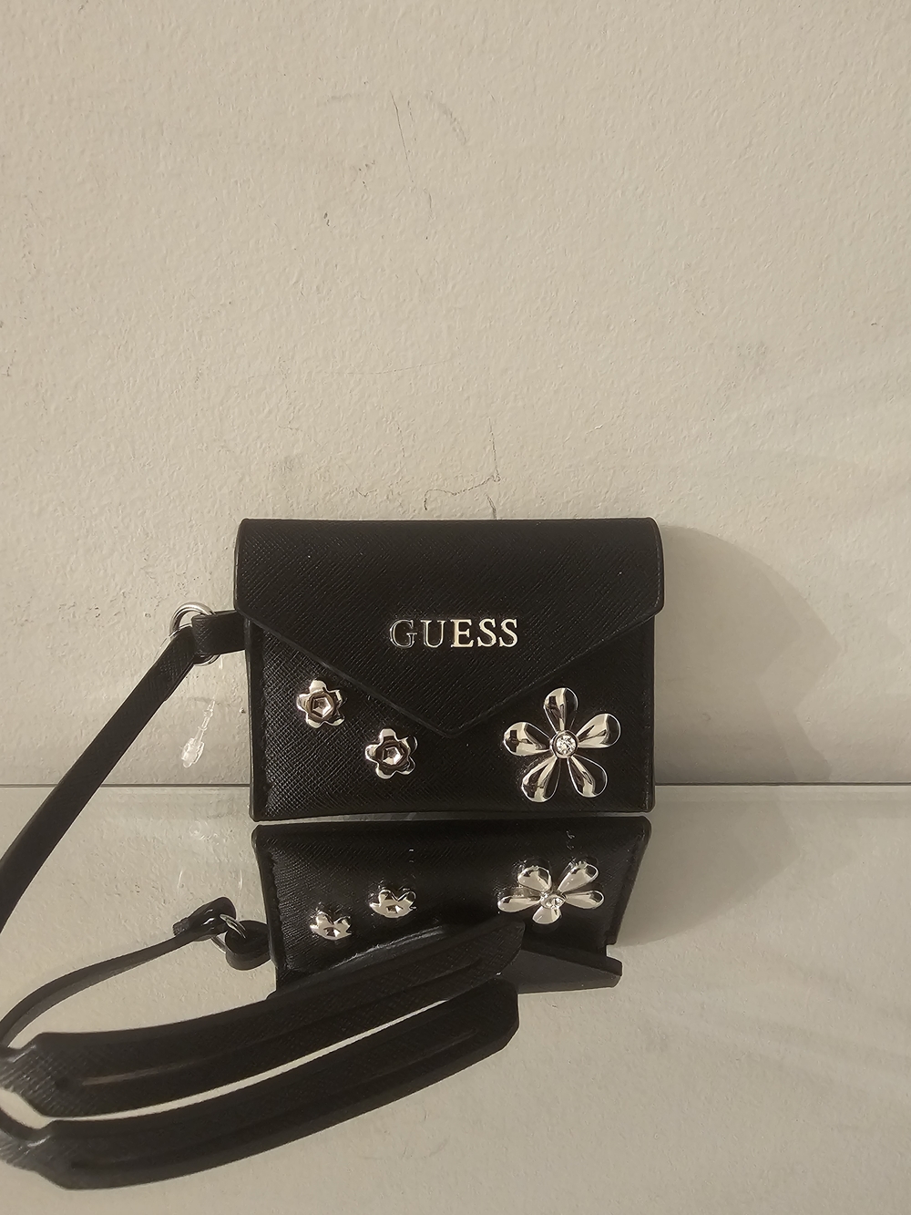GUESS Black Coin Wallet with Silver Floral Accents